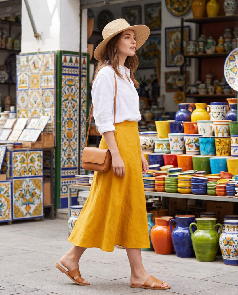 Young woman in deep saffron yellow linen midi skirt and white oversized linen shirt walking through the Triana market in Seville with coloured ceramic stalls behind her