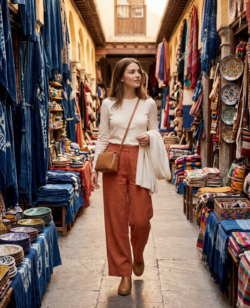 Young woman in Darro terracotta wide-leg linen trousers and ivory merino top walking through the Alcaiceria silk market in Granada