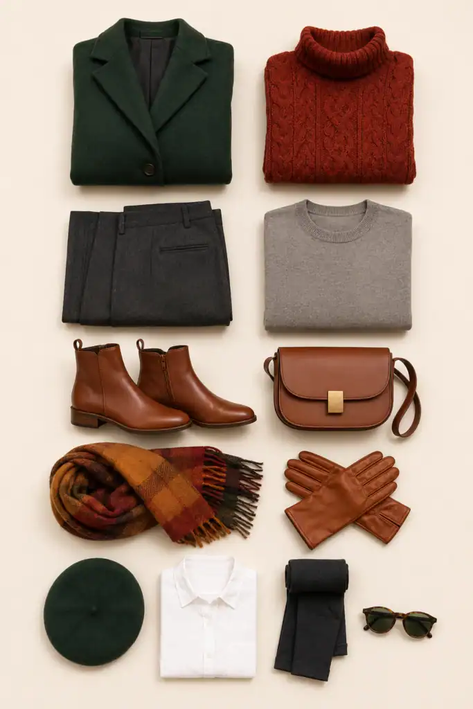 Alsace capsule wardrobe shop the look product grid with 12 pieces on cream background: forest green wool coat, chunky cable turtleneck in timber red, dark charcoal wool straight trouser, cognac leather ankle boot, wool-cashmere scarf in ochre, merino base layer, linen shirt, leather crossbody bag, leather gloves, wool beret, merino crewneck in Rhine grey, and polarised sunglasses