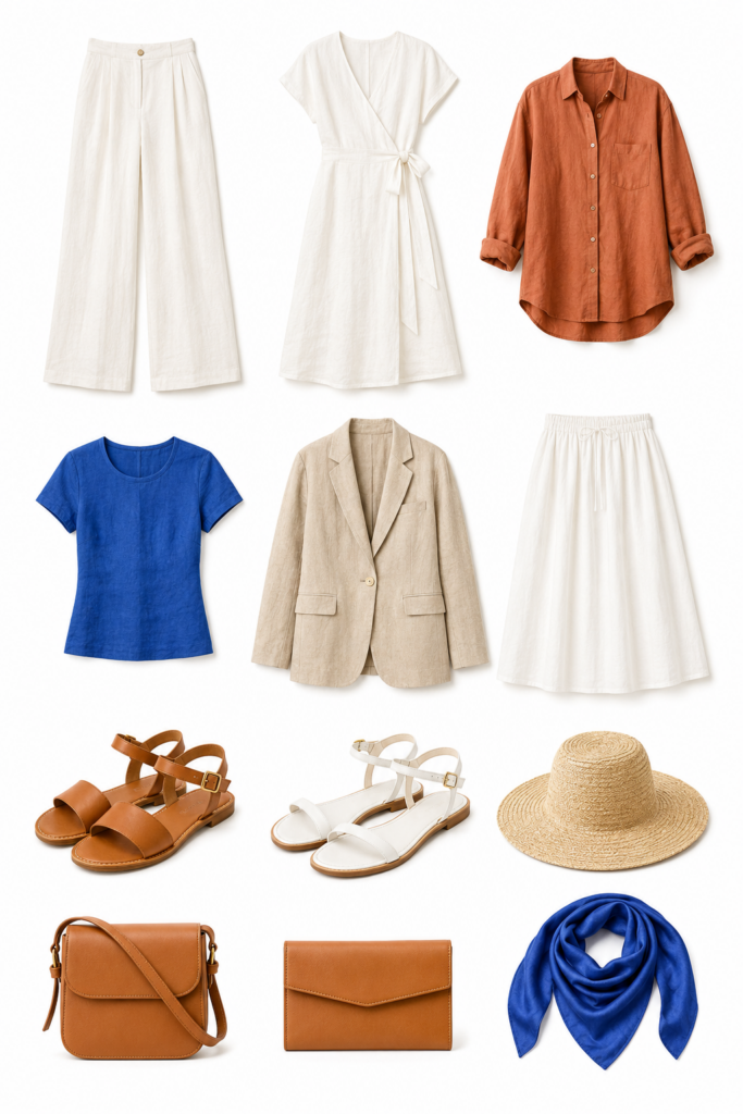 12-piece Barcelona travel capsule wardrobe flat lay grid including bleached white linen trousers, cobalt blue linen top, terracotta linen shirt, wrap midi dress, and flat leather sandals