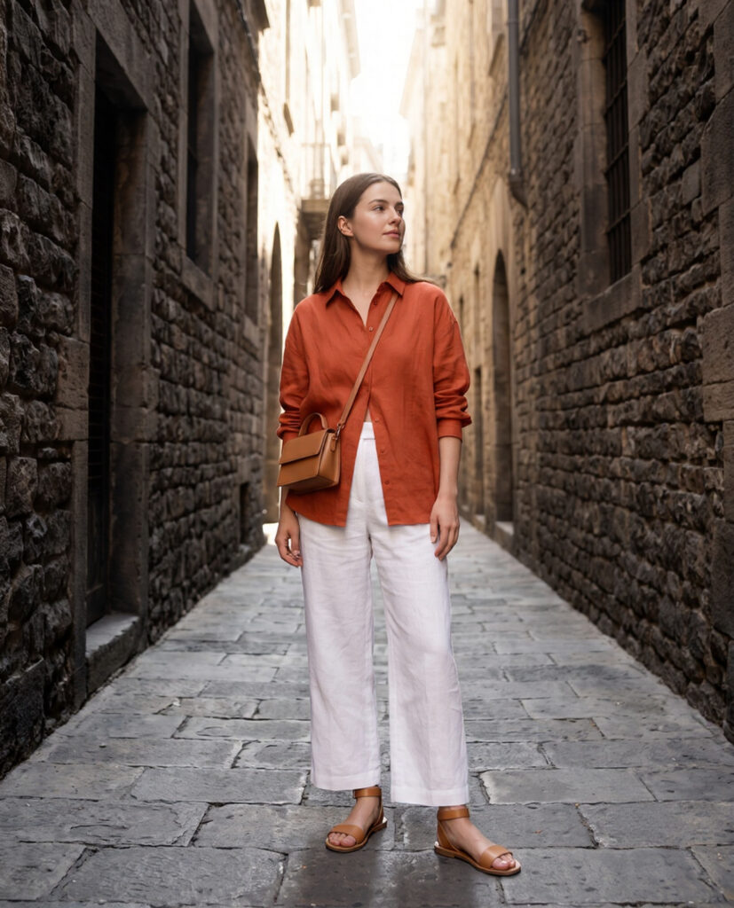 Young woman in terracotta oversized linen shirt and bleached white wide-leg linen trousers in a narrow lane in the Gothic Quarter of Barcelona