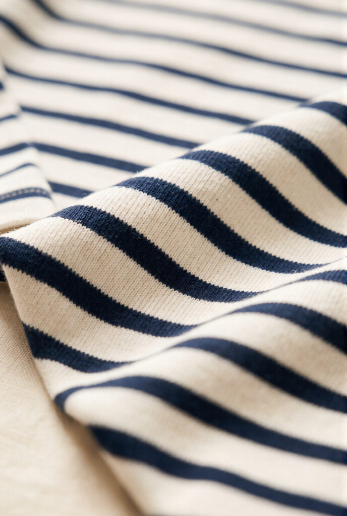 Close-up macro shot of heavy cotton knitted Breton stripe fabric texture in navy blue and ecru