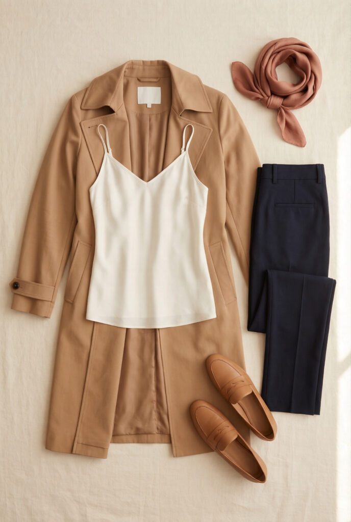 Flat lay arrangement of a camel trench coat, white silk camisole, navy trousers, tan loafers, terracotta scarf, and cognac crossbody bag
