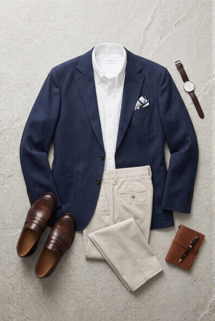 Flat lay styling of a dark navy unstructured blazer, white shirt, light trousers, brown leather loafers, watch, and sunglasses