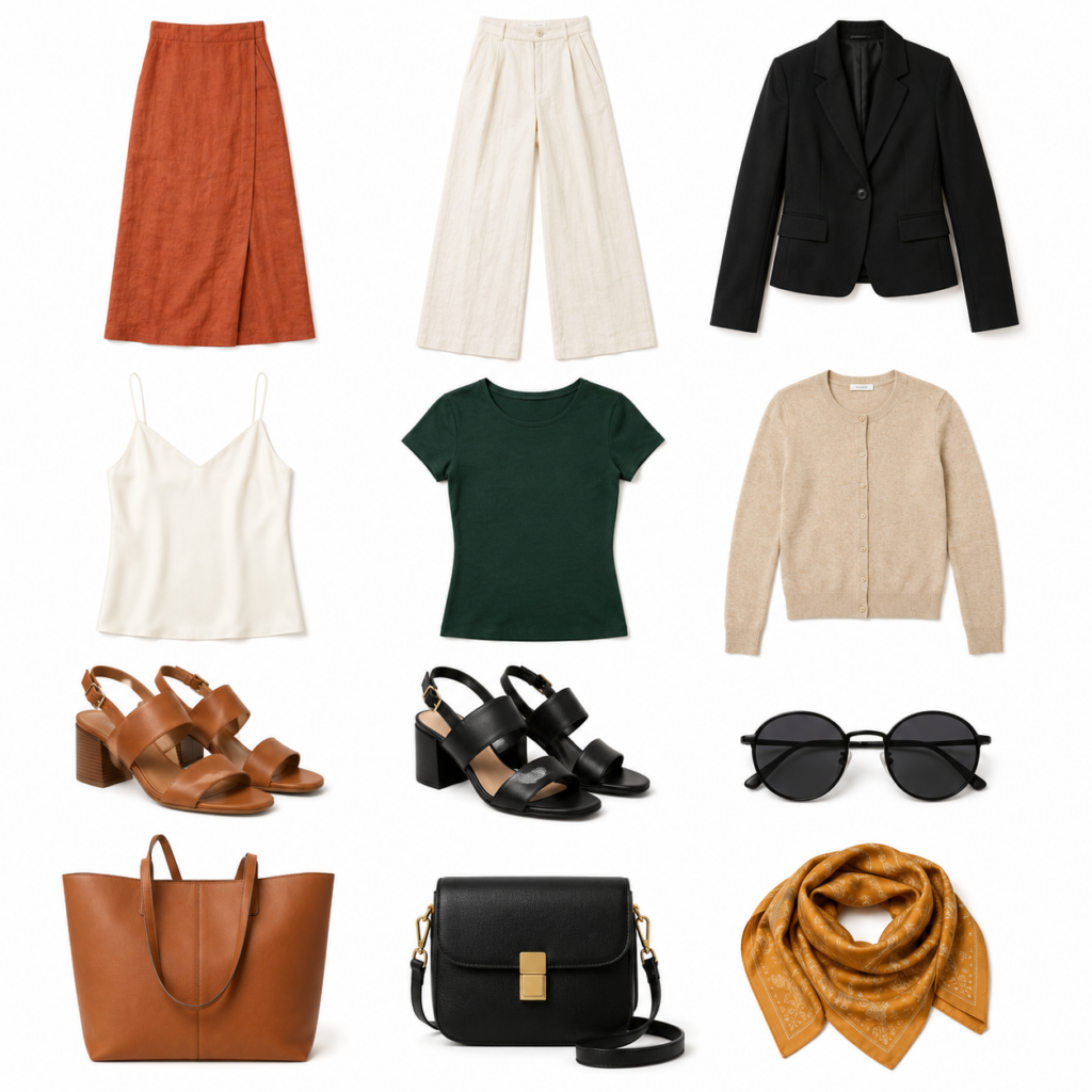 12-piece Madrid travel capsule wardrobe flat lay grid including terracotta linen skirt, black blazer, ivory wide-leg trousers, forest green modal top, and tan leather accessories