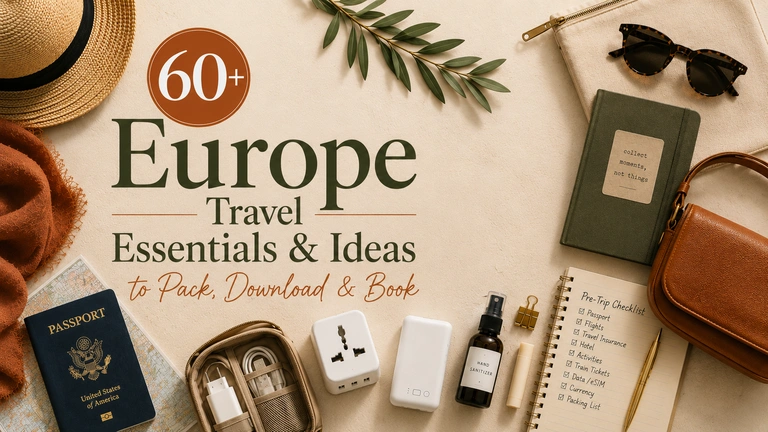 Passport, coffee, and travel gadgets on a desk while planning a Europe trip