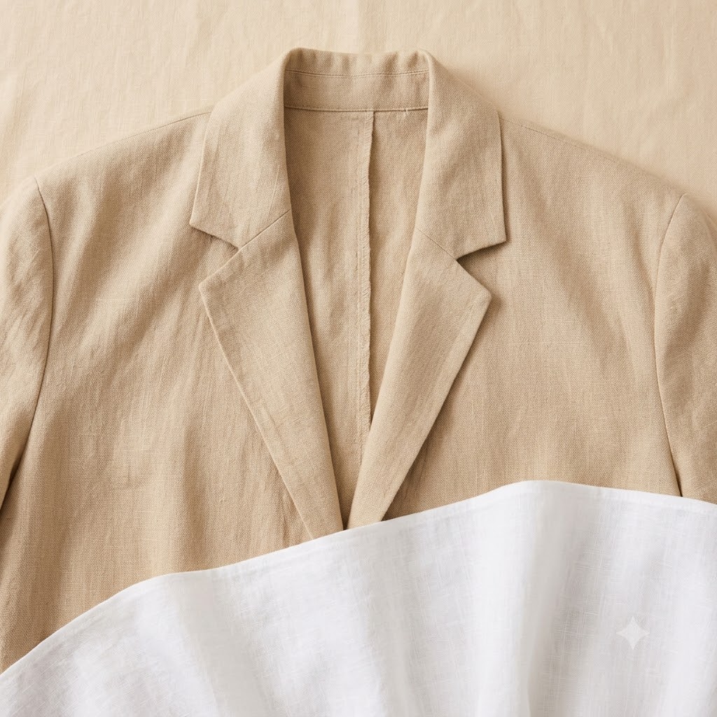 Close-up of relaxed sand linen blazer lapel weave with bleached white linen wrap dress hem visible at frame edge