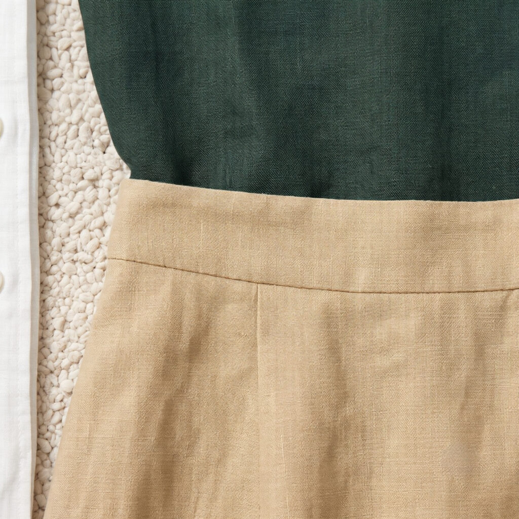 Close-up of Cadaques sand linen midi skirt waistband meeting deep pine green linen top tucked inside, warm sand and cool pine green linen weave contrast in coastal daylight