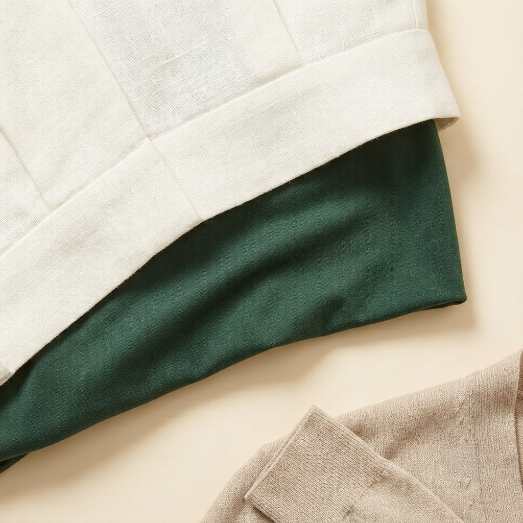 Close-up of ivory linen trouser waistband meeting tucked deep forest green modal top with beige knit cardigan edge at lower frame