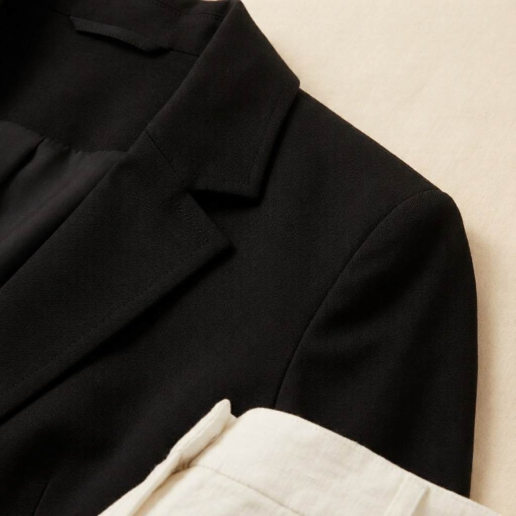 Close-up of fitted black blazer lapel stitching and fabric weave with ivory linen trouser waistband just visible at frame edge