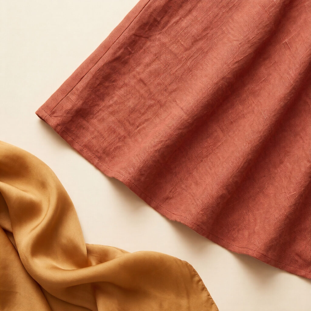 Close-up of terracotta linen fabric weave and skirt hem with ochre silk scarf drape detail