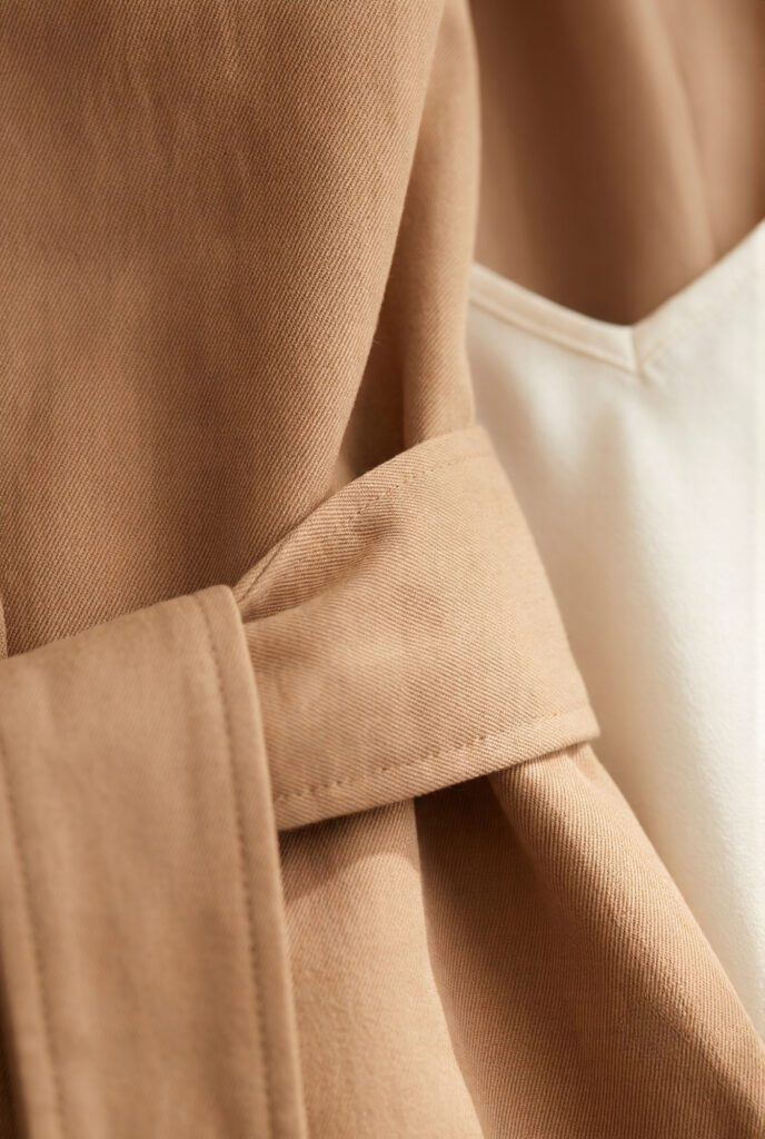 Close-up detail of a classic camel coat fabric and belted sleeve detail