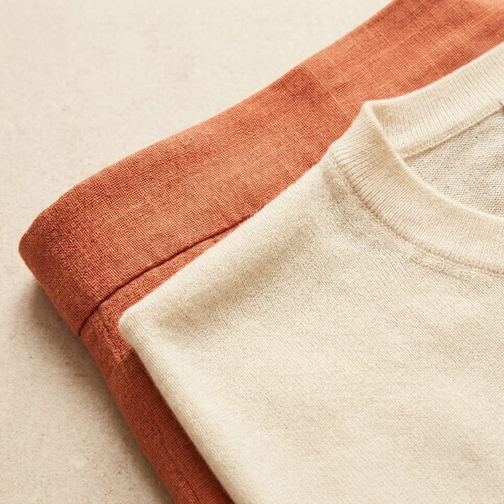 Close-up of Darro terracotta linen trouser waistband meeting ivory merino top tucked inside, fabric weave and colour contrast in warm natural light