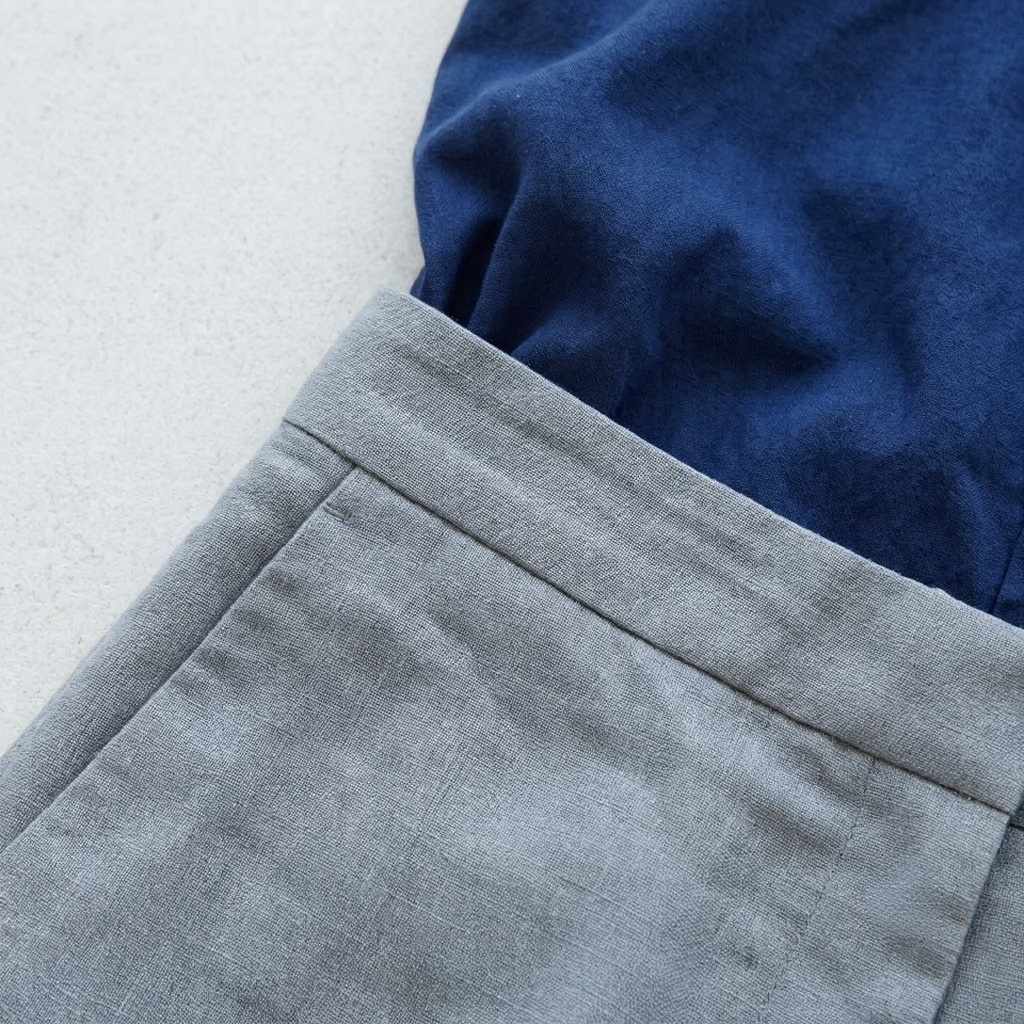 Close-up of sierra grey linen trouser waistband meeting deep indigo cotton shirt tucked inside, colour and fabric weave contrast