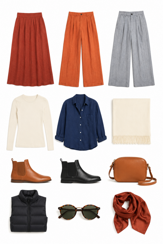 12-piece Granada travel capsule wardrobe flat lay grid including rust linen skirt, terracotta wide-leg linen trousers, grey linen trousers, ivory merino top, indigo linen shirt, flat leather ankle boots, and compact cashmere wrap