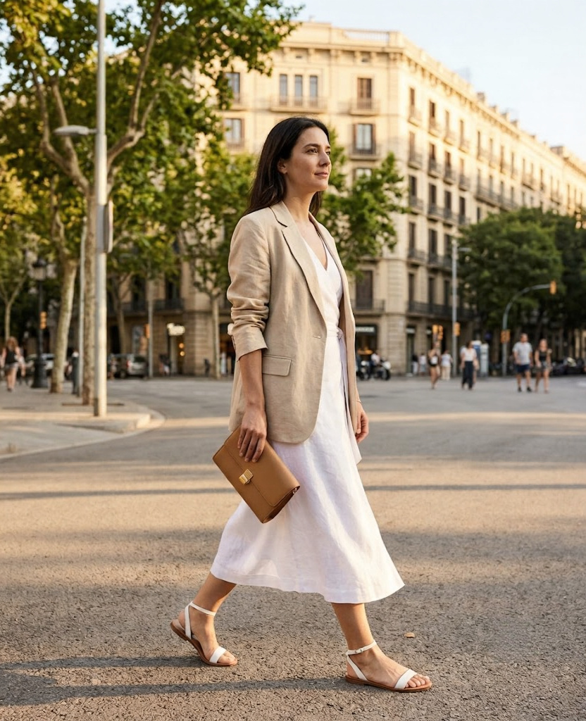 Young woman in bleached white linen wrap dress and sand linen blazer walking the Eixample boulevard in Barcelona at golden hour