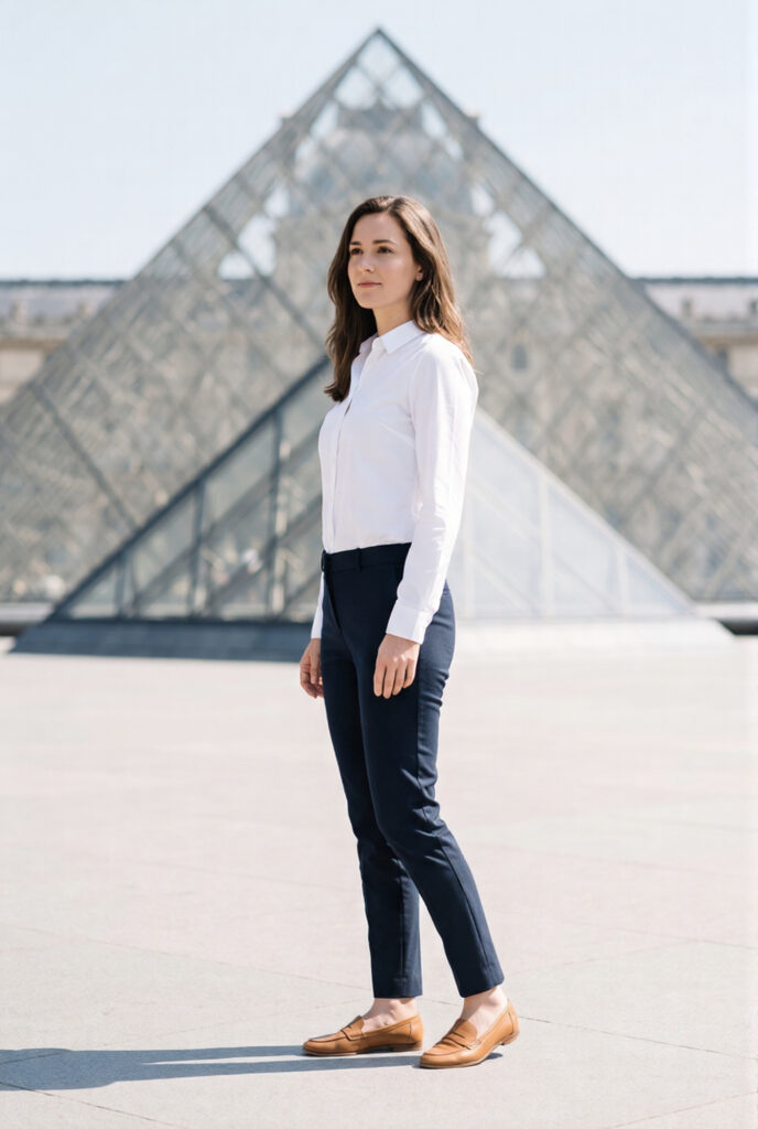 Woman wearing a white poplin button-down shirt and dark navy trousers standing in the Louvre courtyard with the glass pyramid in the background