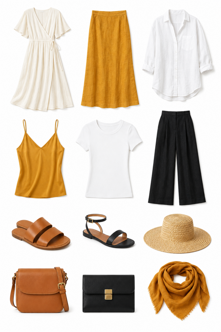 12-piece Seville travel capsule wardrobe flat lay grid including ivory cotton voile dress, saffron linen skirt, black wide-leg linen trousers, white linen shirt, and flat rubber-soled sandals