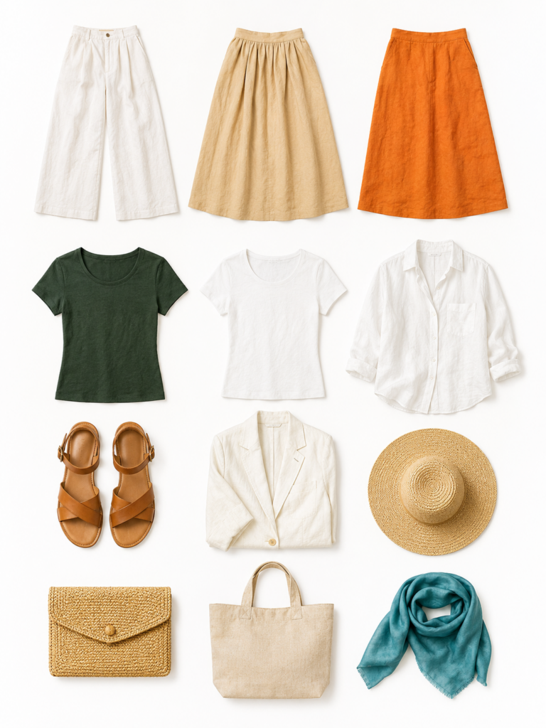 12-piece Costa Brava travel capsule wardrobe flat lay grid including bleached white wide-leg linen trousers, pine green linen top, Dali ochre linen skirt, Cadaques sand linen skirt, flat ankle-strap sandals, and white linen blazer