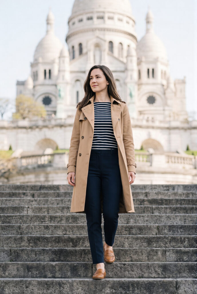 Woman wearing a camel trench coat over a Breton stripe shirt and navy trousers standing on the Montmartre steps near Sacré-Cœur in Paris