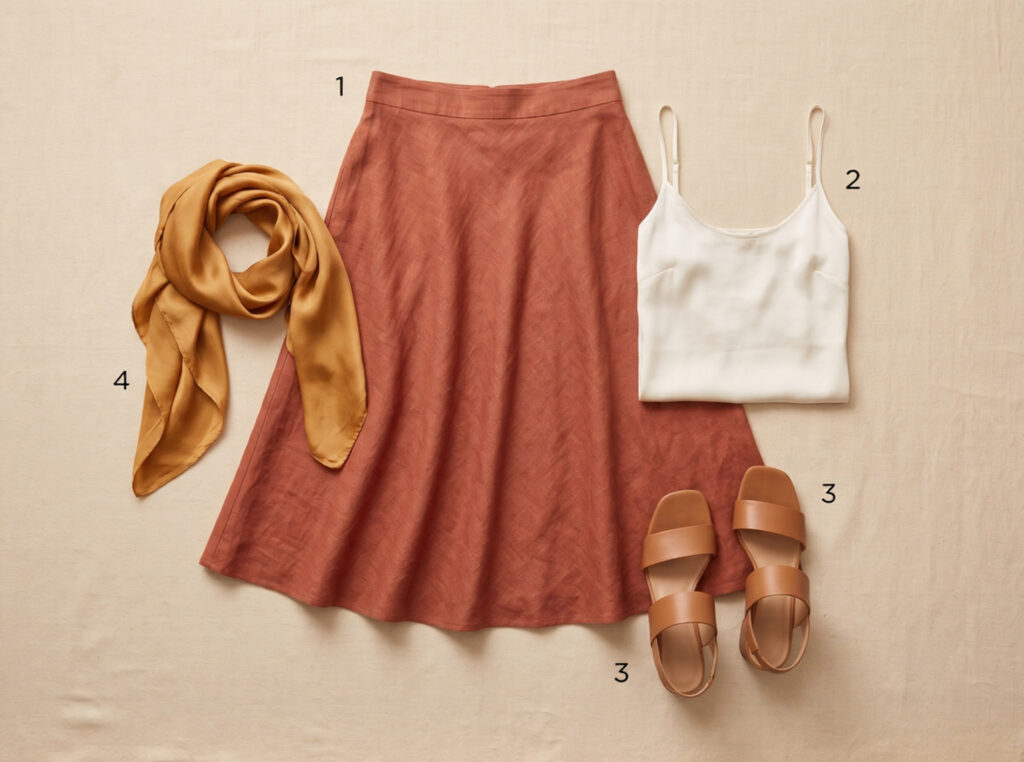 Flat lay of Madrid daytime capsule outfit: terracotta linen midi skirt, ivory camisole, tan block-heel sandals, and ochre silk scarf on a linen-textured surface