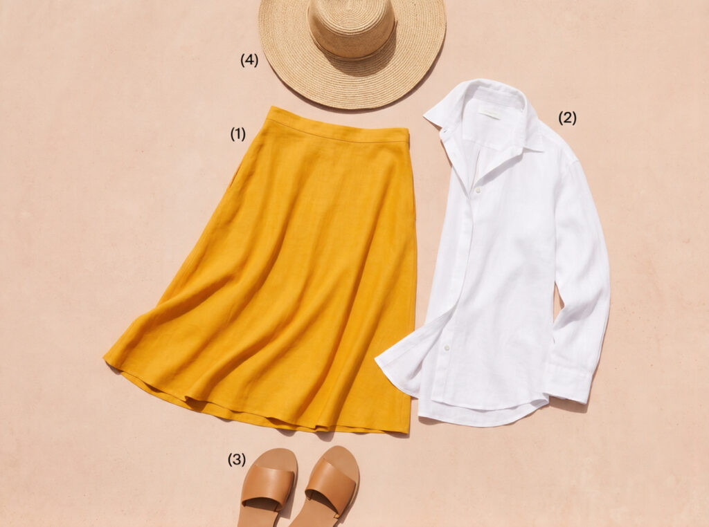 Flat lay of Seville Triana market capsule outfit: deep saffron yellow linen midi skirt, white oversized linen shirt, flat tan rubber-soled sandals, and natural wide-brim straw hat on terracotta-tinted stone surface