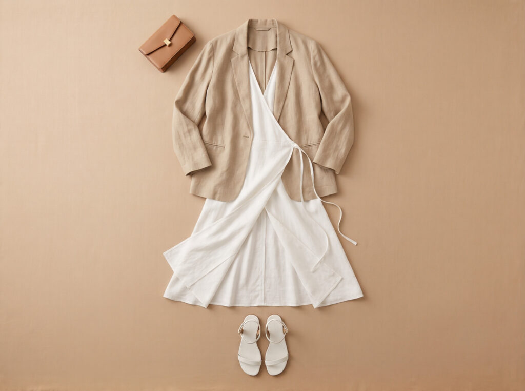 Flat lay of Barcelona Eixample evening capsule outfit: bleached white linen wrap midi dress, sand linen relaxed blazer, flat white ankle-strap sandals, and tan leather clutch