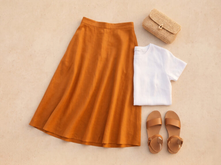 Flat lay of Costa Brava village evening capsule outfit: Dali ochre linen midi skirt, bleached white fitted linen top, flat tan ankle-strap sandals, and natural straw clutch on sun-bleached stone surface
