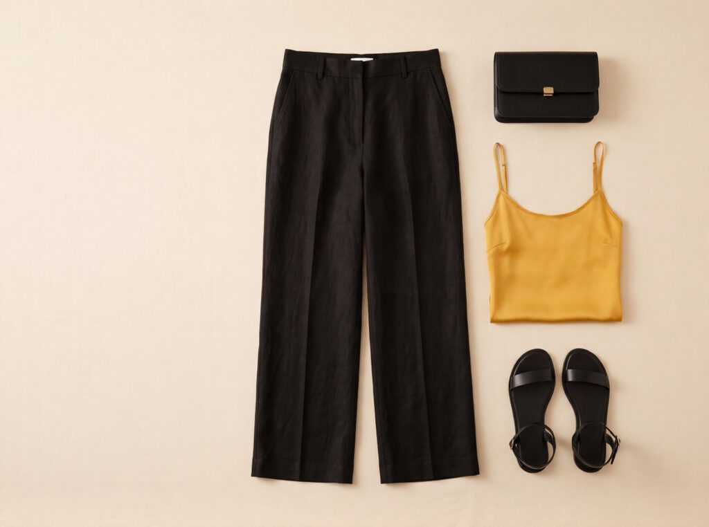 Flat lay of Seville evening capsule outfit: black wide-leg linen trousers, saffron yellow silk camisole, flat black ankle-strap sandals, and black leather clutch on warm cream linen surface