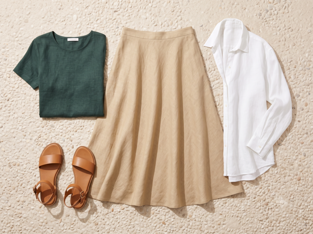 Flat lay of Costa Brava beach-to-village transition outfit: Cadaques sand mid-weight linen midi skirt, fitted deep pine green linen top, flat tan ankle-strap sandals, and bleached white oversized linen shirt on pale pebble-textured surface