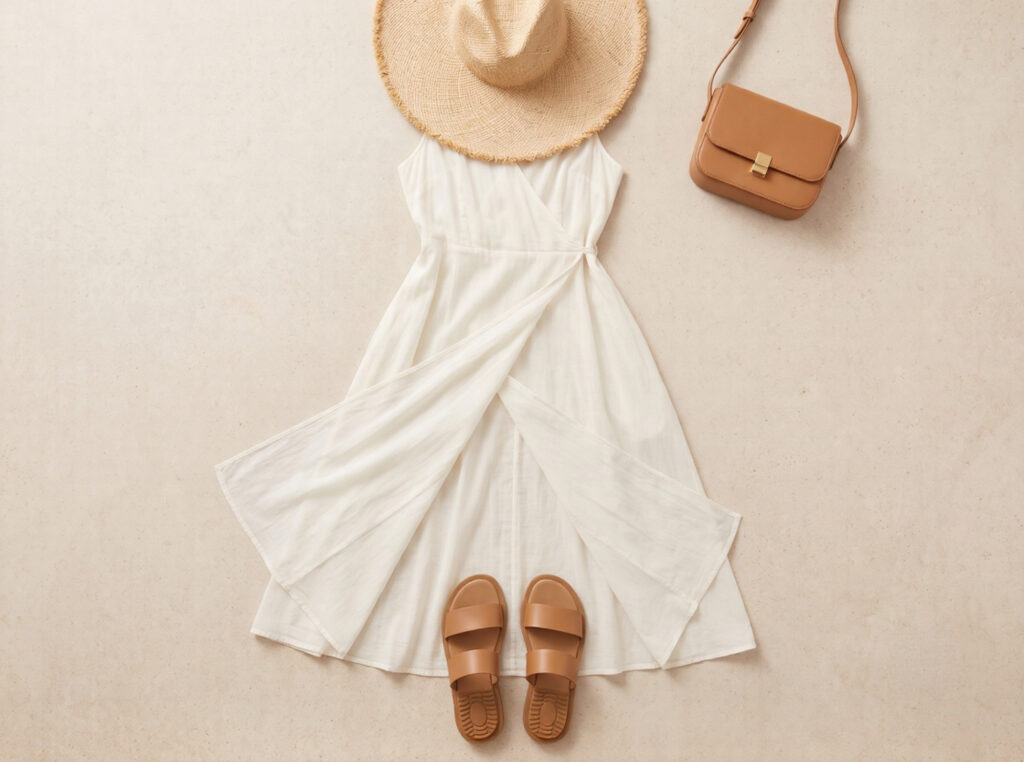 Flat-lay photograph showcasing a primary piece for a Seville capsule wardrobe: an ivory cotton voile midi dress with a relaxed wrap silhouette.
