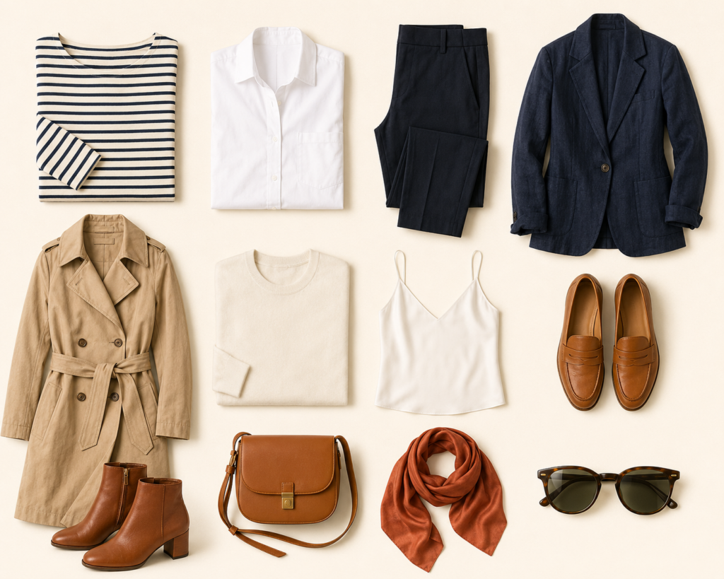 12-piece Paris capsule wardrobe flat lay featuring a Breton stripe shirt, white poplin shirt, dark navy trousers, linen blazer, camel trench coat, fine merino sweater, silk camisole, tan leather loafers, ankle boots, cognac crossbody bag, terracotta scarf, and cat-eye sunglasses