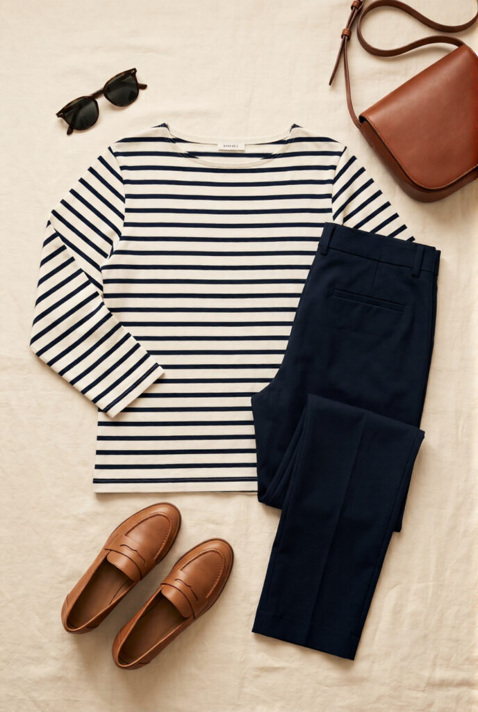 5-piece Paris capsule wardrobe flat lay featuring a Breton stripe marinière shirt, dark navy trousers, tan leather loafers, cognac crossbody bag, and cat-eye sunglasses