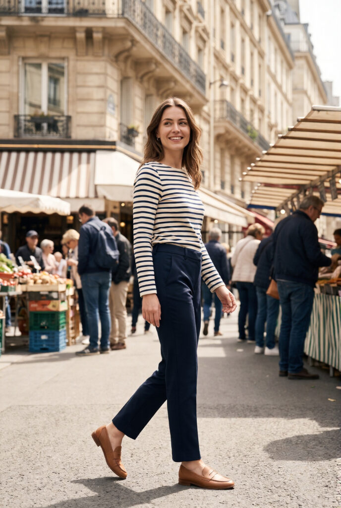 Woman wearing a Breton stripe marinière top and dark navy trousers walking past an outdoor Paris café terrace