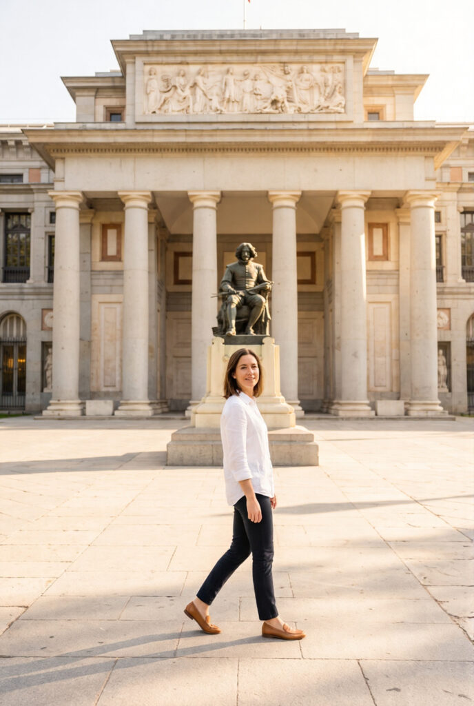 Woman in white linen shirt and tan leather loafers walking toward the Prado Museum's neoclassical facade in Madrid, three-quarter view