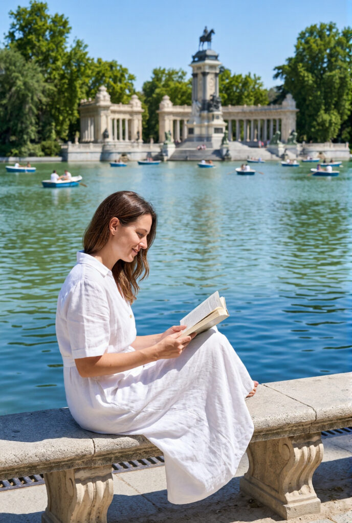 Woman in white linen dress reading on a stone bench beside the Retiro Park lake in Madrid with the Alfonso XII monument reflected in bright blue water
