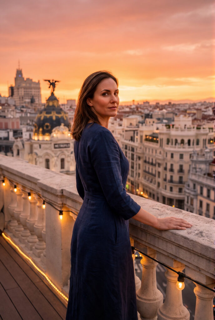Woman in deep navy linen dress on a Madrid rooftop terrace at sunset, three-quarter view, city skyline and orange-pink sky behind her
