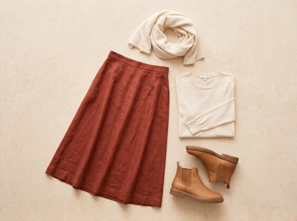 Flat lay of Granada Alhambra visit capsule outfit: rust red linen midi skirt, ivory lightweight merino top, flat tan leather ankle boots, and ivory wool wrap on pale stone surface