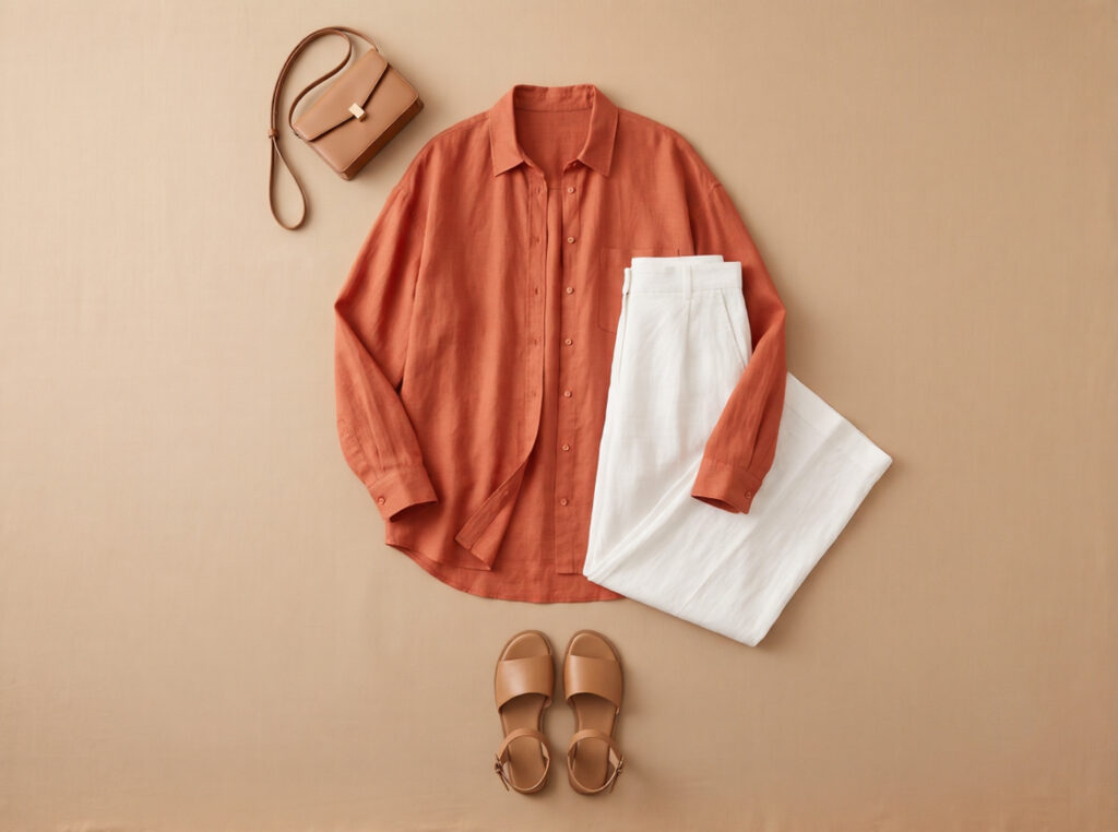 Flat lay of Barcelona Gothic Quarter capsule outfit: terracotta oversized linen shirt, bleached white wide-leg linen trousers, flat tan leather sandals, and tan crossbody bag