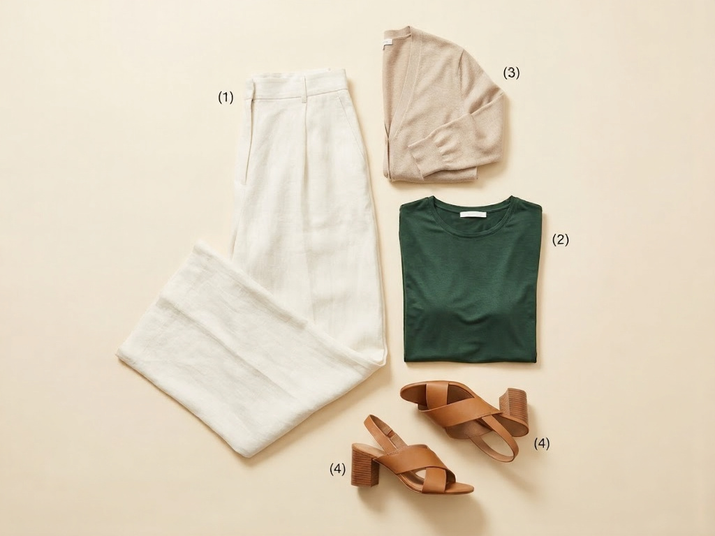 Flat lay of Madrid museum capsule outfit: ivory wide-leg linen trousers, deep forest green modal top, beige knit cardigan, and tan block-heel sandals on cream surface