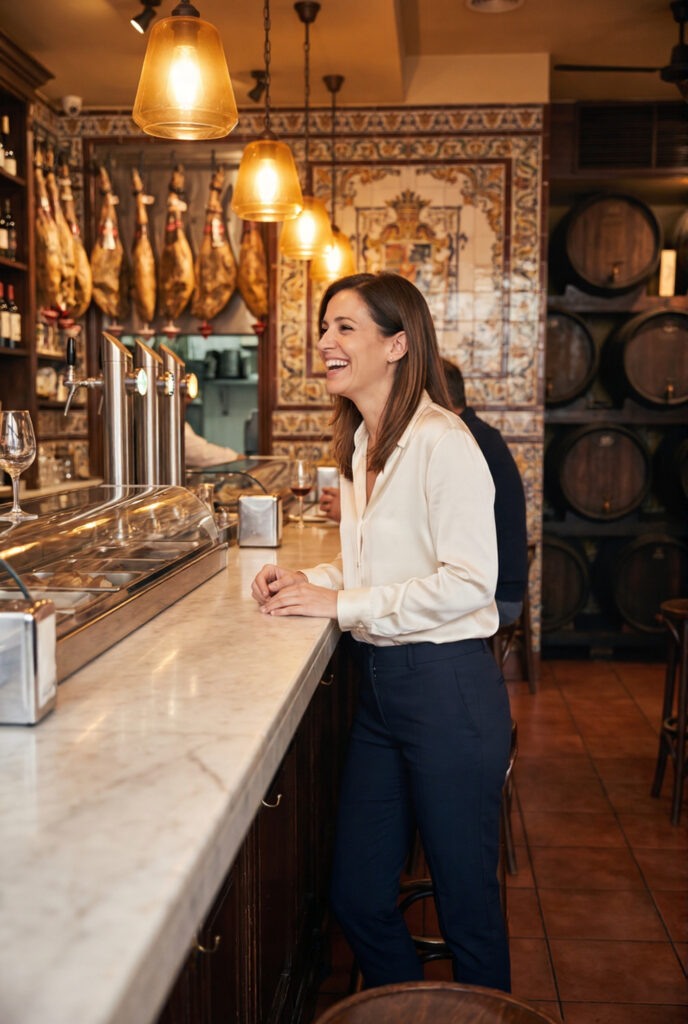 Woman in ivory silk blouse at a marble-topped bar in a traditional Madrid taberna with jamón hanging above and warm amber lighting
