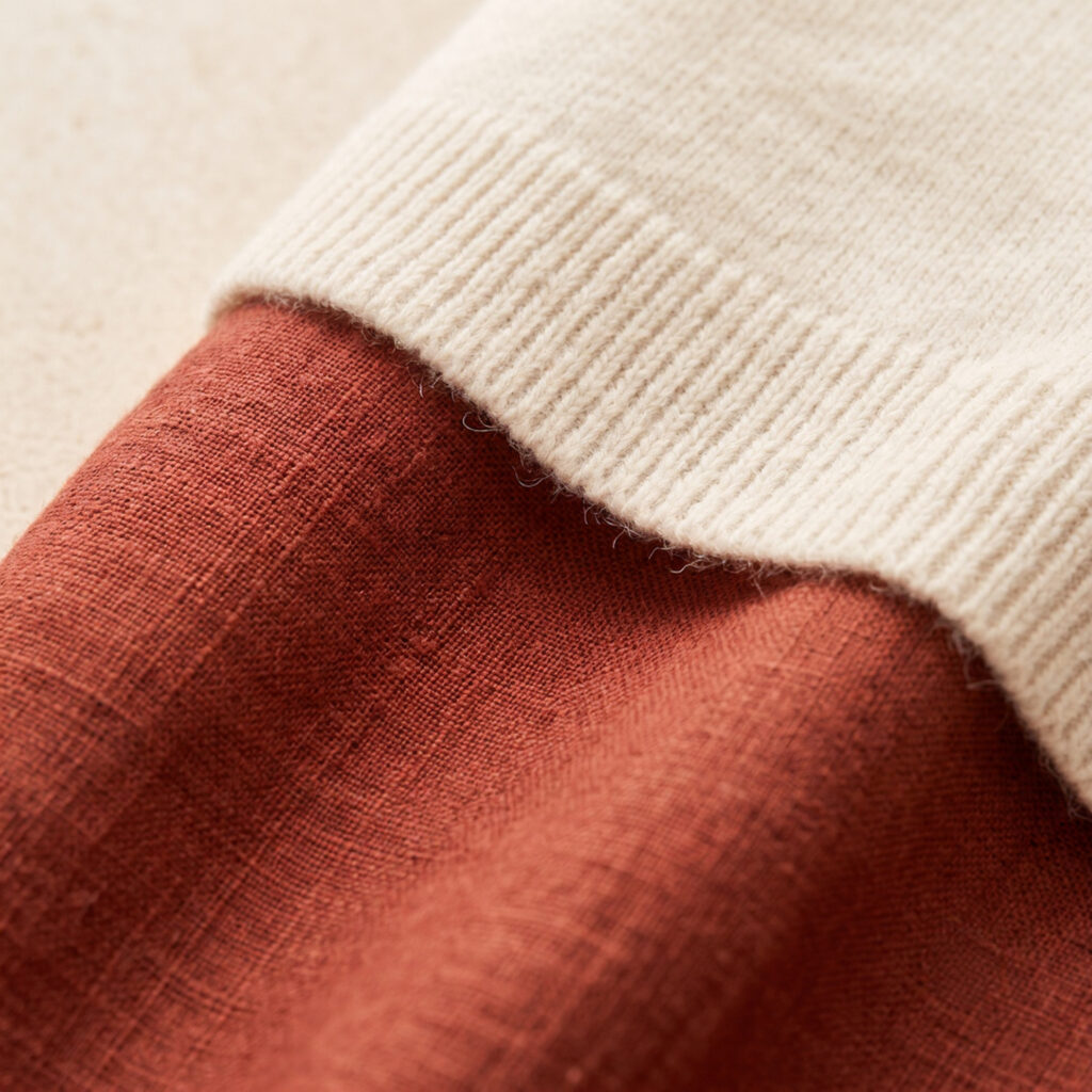 Close-up of rust red linen skirt hem and fabric weave with ivory fine-knit wool wrap edge visible in corner