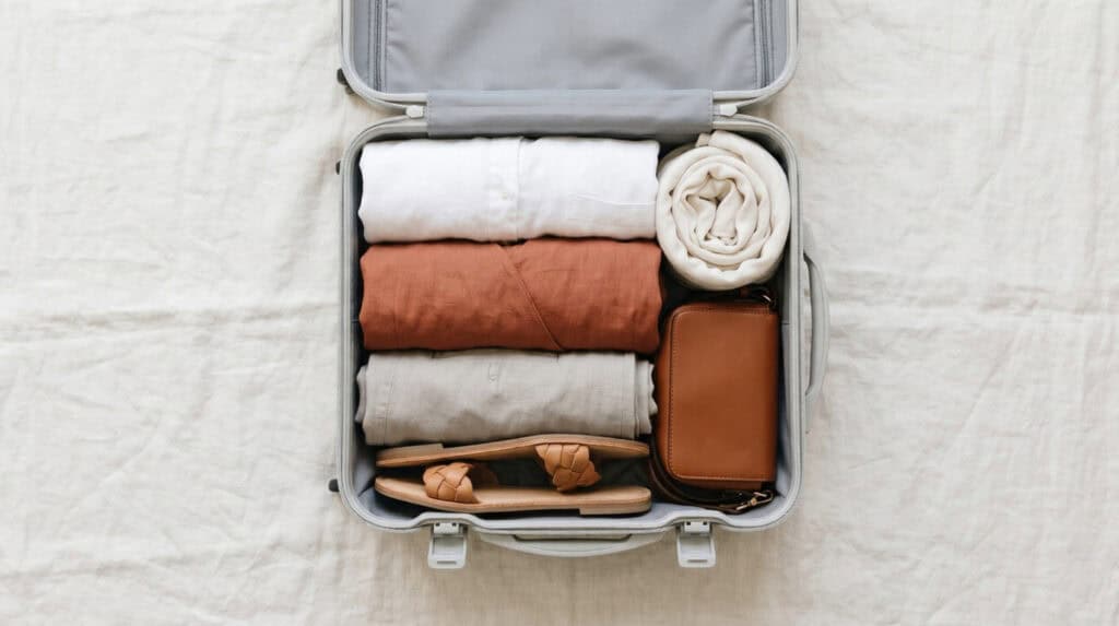 Open carry-on suitcase packed with white linen shirt, terracotta dress, leather sandals and cognac bag