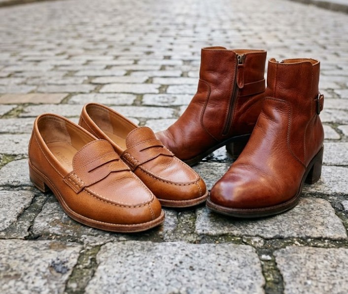 Pair of tan leather loafers and cognac leather ankle boots styled on Parisian cobblestone pavement