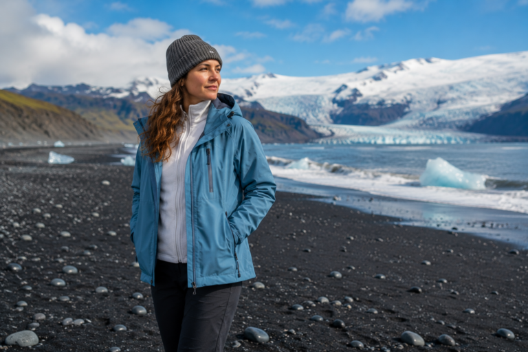 Woman in a glacier-blue waterproof shell jacket standing on an Iceland black sand beach