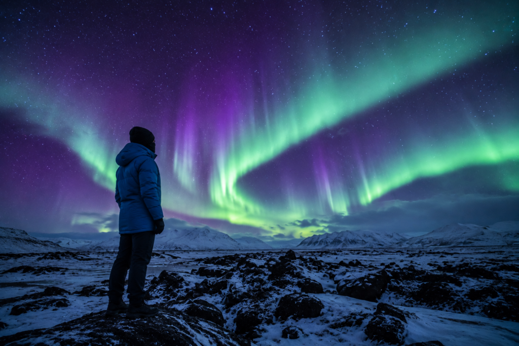 Traveler in an insulated parka watching the northern lights in Iceland