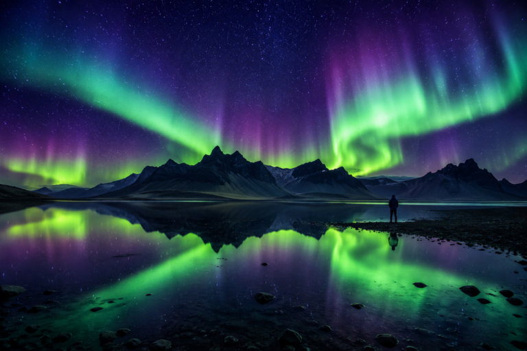 Vivid green and violet Northern Lights reflected in a still glacial lake in Iceland