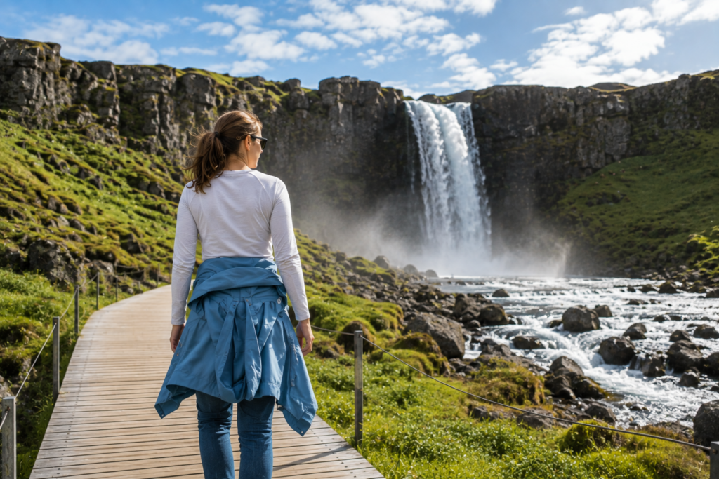 Woman walking near an Icelandic waterfall in a summer capsule wardrobe layering outfit