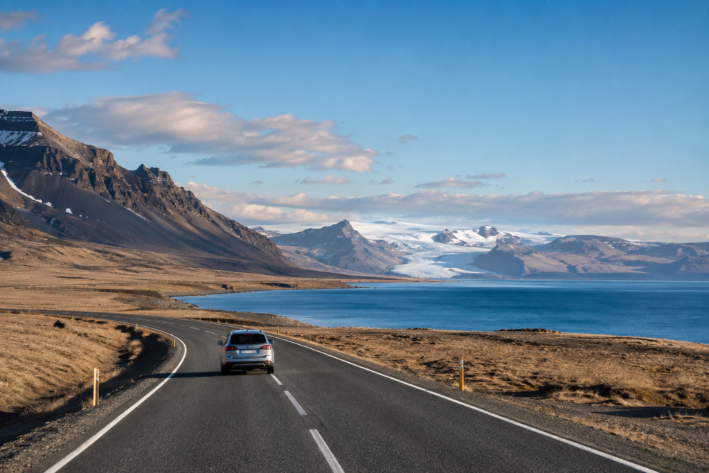 A car driving Iceland's Ring Road along the coast with mountains and a glacier in the distance