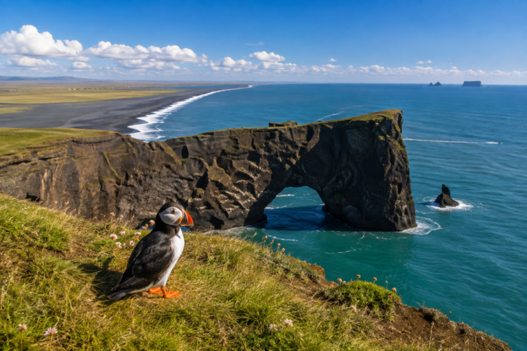 Puffin on the clifftop at Dyrholaey with the sea arch and coastline behind